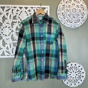 J. Crew Indian Madras Men's Slim Fit Lightweight Plaid Shirt Teal Surf Medium